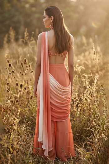 Basanti Kapde aur Koffee Rust Chinon Draped Sharara Saree Set