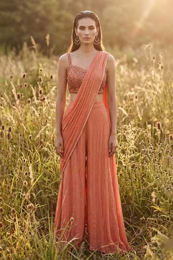 Basanti Kapde aur Koffee Rust Chinon Draped Sharara Saree Set