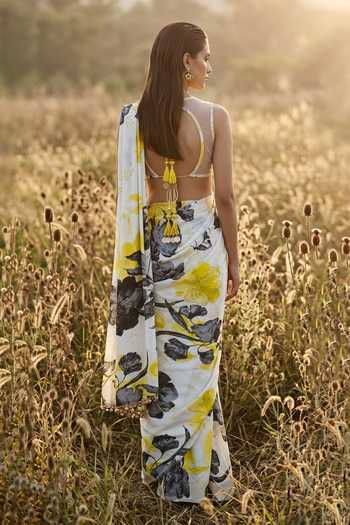 Basanti Kapde aur Koffee Floral Pattern Saree With Blouse