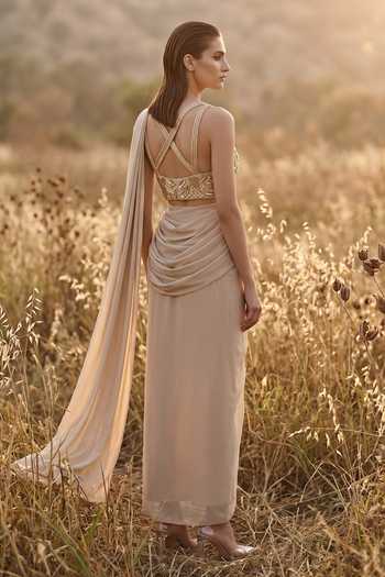 Basanti Kapde aur Koffee Beige Georgette Draped Saree Set