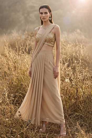 Basanti Kapde aur Koffee Beige Georgette Draped Saree Set