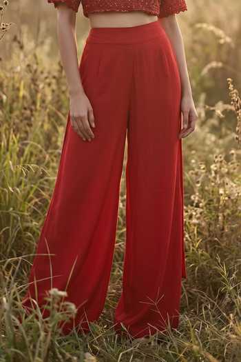 Basanti Kapde aur Koffee Red Crepe, Net Round Neck Crimson Palazzo With Top Online at Aza Fashions Basanti Kapde aur Koffee_Red Crepe, Net Round Neck Crimson Palazzo With Top _Online_at_Aza_Fashions