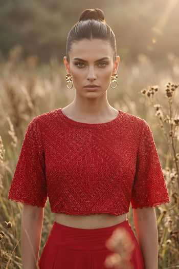 Buy Basanti Kapde aur Koffee Red Crepe, Net Round Neck Crimson Palazzo With Top Online at Aza Fashions Buy_Basanti Kapde aur Koffee_Red Crepe, Net Round Neck Crimson Palazzo With Top _Online_at_Aza_Fashions