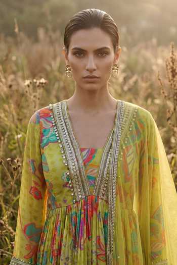 Basanti Kapde aur Koffee_Lime Crepe V-neck Citrine Fleur Embroidered Anarkali Set _Online_at_Aza_Fashions