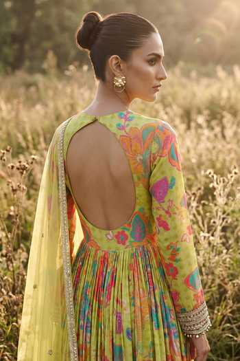 Buy_Basanti Kapde aur Koffee_Lime Crepe V-neck Citrine Fleur Embroidered Anarkali Set _Online_at_Aza_Fashions