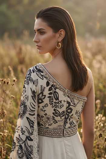 Buy_Basanti Kapde aur Koffee_White Crepe, Chantilly One Shoulder Moonlit Fleur Embroidered Jumpsuit _Online_at_Aza_Fashions