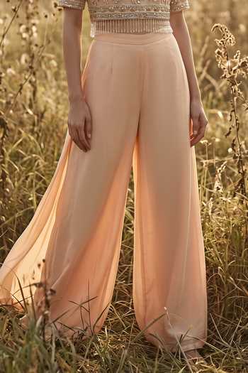 Basanti Kapde aur Koffee_Peach Crepe Round Neck Reverie Embroidered Palazzo With Top _Online_at_Aza_Fashions