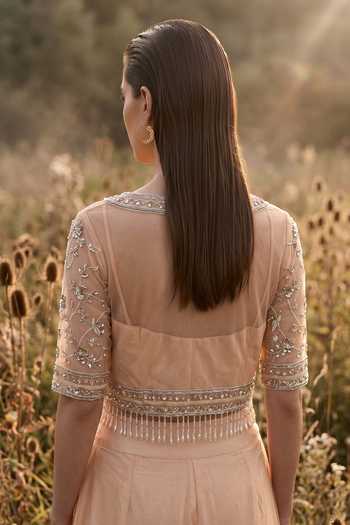 Buy_Basanti Kapde aur Koffee_Peach Crepe Round Neck Reverie Embroidered Palazzo With Top _Online_at_Aza_Fashions