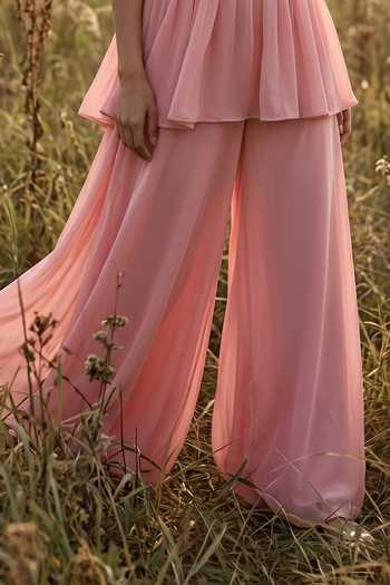 Basanti Kapde Aur Koffee Pink Georgette Bandeau Neck Rose Reverie Embroidered Peplum Top Set Online at Aza Fashions Basanti Kapde Aur Koffee_Pink Georgette Bandeau Neck Rose Reverie Embroidered Peplum Top Set _Online_at_Aza_Fashions