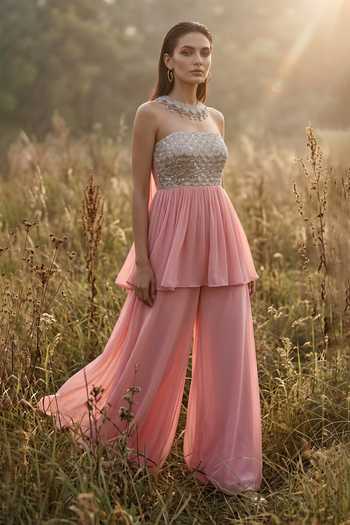 Basanti Kapde Aur Koffee Rose Reverie Embroidered Peplum Top Set 