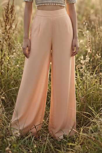 Basanti Kapde aur Koffee_Peach Crepe Round Neck Eclat Embroidered Palazzo With Top _Online_at_Aza_Fashions