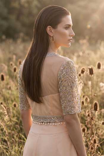 Buy_Basanti Kapde aur Koffee_Peach Crepe Round Neck Eclat Embroidered Palazzo With Top _Online_at_Aza_Fashions