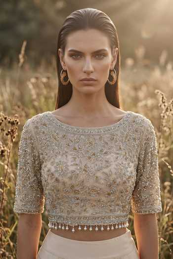 Shop_Basanti Kapde aur Koffee_Peach Crepe Round Neck Eclat Embroidered Palazzo With Top _Online_at_Aza_Fashions