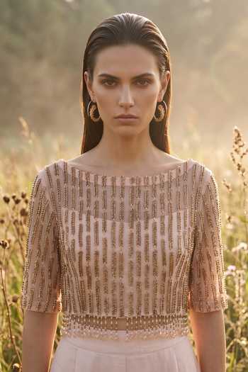 Basanti Kapde aur Koffee Pink Crepe, Net Boat Neck Rose Reverie Embroidered Palazzo Set Online at Aza Fashions Basanti Kapde aur Koffee_Pink Crepe, Net Boat Neck Rose Reverie Embroidered Palazzo Set _Online_at_Aza_Fashions