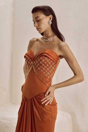 Nirmooha Orange Satin, Bemberg Beads, Crystals, Gracile Corset And Draped Skirt Set Online at Aza Fashions Nirmooha_Orange Satin, Bemberg Beads, Crystals, Gracile Corset And Draped Skirt Set _Online_at_Aza_Fashions