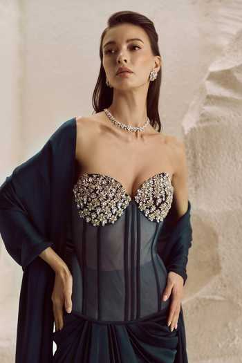 Nirmooha Serres Mesh Corset and Draped Skirt Set