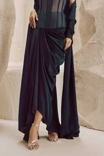 Nirmooha Green Satin, Net, Bemberg Stones, Serres Mesh Corset And Draped Skirt Set Online at Aza Fashions Nirmooha_Green Satin, Net, Bemberg Stones, Serres Mesh Corset And Draped Skirt Set _Online_at_Aza_Fashions