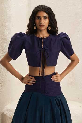 Shop_Nirmooha_Purple Silk, Taffeta Keyhole Neck Volute Top And Layered Skirt Set _Online_at_Aza_Fashions