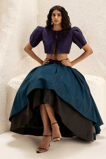 Nirmooha_Purple Silk, Taffeta Keyhole Neck Volute Top And Layered Skirt Set _at_Aza_Fashions