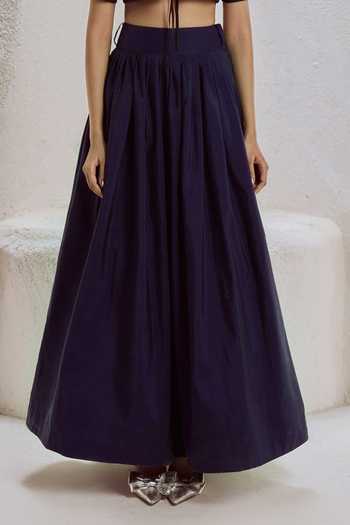 Nirmooha_Black Silk, Taffeta Round , Keyhole Bastion Top And Flared Skirt Set _Online_at_Aza_Fashions
