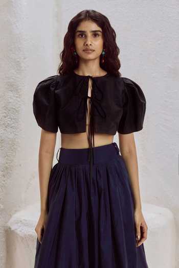 Buy_Nirmooha_Black Silk, Taffeta Round , Keyhole Bastion Top And Flared Skirt Set _Online_at_Aza_Fashions