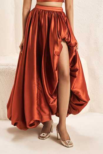 Shop Nirmooha Orange Silk, Taffeta Bandeau Neck Dome Corset And Balloon Skirt Set Online at Aza Fashions Shop_Nirmooha_Orange Silk, Taffeta Bandeau Neck Dome Corset And Balloon Skirt Set _Online_at_Aza_Fashions