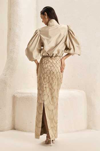 Nirmooha Catena Taffeta Knotted Shirt & Skirt Set