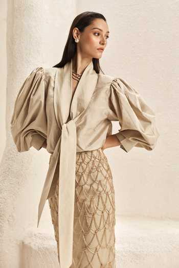 Buy Nirmooha Ivory Silk, Satin, Net, Taffeta, Bemberg Shawl Catena Knotted Shirt And Skirt Set Online at Aza Fashions Buy_Nirmooha_Ivory Silk, Satin, Net, Taffeta, Bemberg Shawl Catena Knotted Shirt And Skirt Set _Online_at_Aza_Fashions