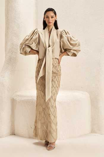 Nirmooha Catena Taffeta Knotted Shirt & Skirt Set