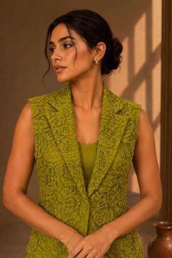 Vridhi Somaani Olive Green Crepe, Chantilly, Lace Lea Hand Embroidered Blazer Skirt Set Online at Aza Fashions Vridhi Somaani_Olive Green Crepe, Chantilly, Lace Lea Hand Embroidered Blazer Skirt Set _Online_at_Aza_Fashions