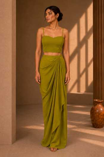Buy Vridhi Somaani Olive Green Crepe, Chantilly, Lace Lea Hand Embroidered Blazer Skirt Set Online at Aza Fashions Buy_Vridhi Somaani_Olive Green Crepe, Chantilly, Lace Lea Hand Embroidered Blazer Skirt Set _Online_at_Aza_Fashions
