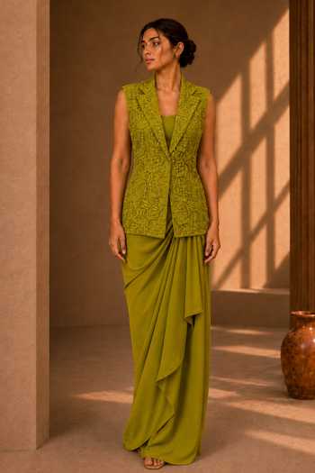 Shop Vridhi Somaani Olive Green Crepe, Chantilly, Lace Lea Hand Embroidered Blazer Skirt Set Online at Aza Fashions Shop_Vridhi Somaani_Olive Green Crepe, Chantilly, Lace Lea Hand Embroidered Blazer Skirt Set _Online_at_Aza_Fashions