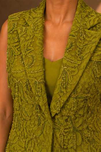 Vridhi Somaani Olive Green Crepe, Chantilly, Lace Lea Hand Embroidered Blazer Skirt Set at Aza Fashions Vridhi Somaani_Olive Green Crepe, Chantilly, Lace Lea Hand Embroidered Blazer Skirt Set _at_Aza_Fashions