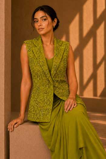 Buy Vridhi Somaani Olive Green Crepe, Chantilly, Lace Lea Hand Embroidered Blazer Skirt Set Buy_Vridhi Somaani_Olive Green Crepe, Chantilly, Lace Lea Hand Embroidered Blazer Skirt Set