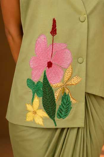 Shop Vridhi Somaani Green Satin, Linen V-neck Eve Hand Embroidered Jacket And Skirt Set Online at Aza Fashions Shop_Vridhi Somaani_Green Satin, Linen V-neck Eve Hand Embroidered Jacket And Skirt Set _Online_at_Aza_Fashions