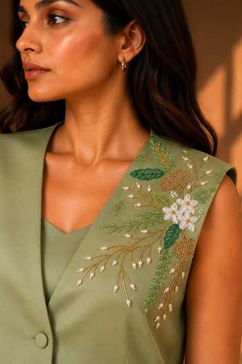Vridhi Somaani Green Satin, Linen V-neck Eve Hand Embroidered Jacket And Skirt Set at Aza Fashions Vridhi Somaani_Green Satin, Linen V-neck Eve Hand Embroidered Jacket And Skirt Set _at_Aza_Fashions