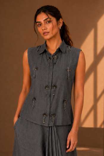 Vridhi Somaani Grey Denim Collared Neck Lina Embroidered Shirt And Skirt Set Online at Aza Fashions Vridhi Somaani_Grey Denim Collared Neck Lina Embroidered Shirt And Skirt Set _Online_at_Aza_Fashions
