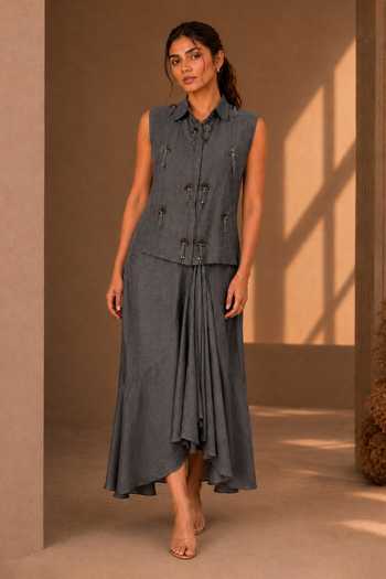 Vridhi Somaani Lina Denim Embroidered Shirt & Skirt Set 