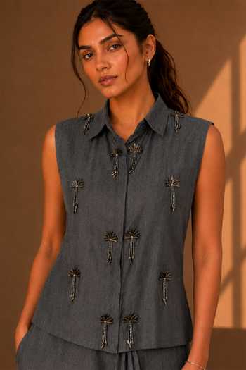 Buy Vridhi Somaani Grey Denim Collared Neck Lina Embroidered Shirt And Skirt Set Online at Aza Fashions Buy_Vridhi Somaani_Grey Denim Collared Neck Lina Embroidered Shirt And Skirt Set _Online_at_Aza_Fashions