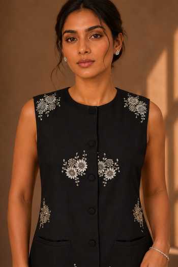 Buy Vridhi Somaani Black Suiting Round Neck Hanna Hand Embroidered Short Dress Online at Aza Fashions Buy_Vridhi Somaani_Black Suiting Round Neck Hanna Hand Embroidered Short Dress _Online_at_Aza_Fashions