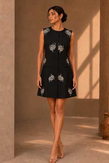 Shop Vridhi Somaani Black Suiting Round Neck Hanna Hand Embroidered Short Dress Online at Aza Fashions Shop_Vridhi Somaani_Black Suiting Round Neck Hanna Hand Embroidered Short Dress _Online_at_Aza_Fashions