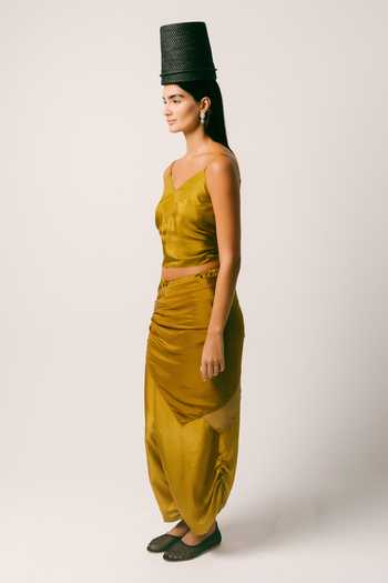Buy Ituvana Olive Green Silk V-neck Rimba Dhoti Pant Set Online at Aza Fashions Buy_Ituvana_Olive Green Silk V-neck Rimba Dhoti Pant Set _Online_at_Aza_Fashions