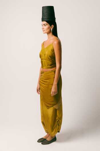 Shop Ituvana Olive Green Silk V-neck Rimba Dhoti Pant Set Online at Aza Fashions Shop_Ituvana_Olive Green Silk V-neck Rimba Dhoti Pant Set _Online_at_Aza_Fashions