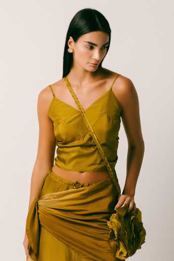 Ituvana Olive Green Silk V-neck Rimba Dhoti Pant Set at Aza Fashions Ituvana_Olive Green Silk V-neck Rimba Dhoti Pant Set _at_Aza_Fashions
