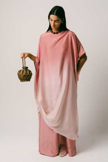 Ituvana_Pink Silk Boat Neck Bayu Ombre Kaftan Set _Online_at_Aza_Fashions