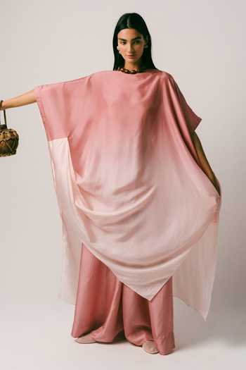 Shop_Ituvana_Pink Silk Boat Neck Bayu Ombre Kaftan Set _Online_at_Aza_Fashions