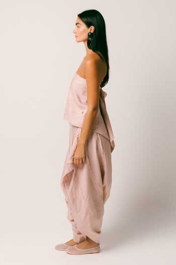 Shop Ituvana Pink Linen Bandeau Neck Pagi Dhoti Pant Set Online at Aza Fashions Shop_Ituvana_Pink Linen Bandeau Neck Pagi Dhoti Pant Set _Online_at_Aza_Fashions