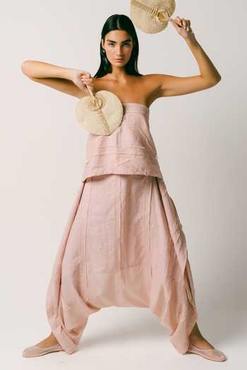 Buy Ituvana Pink Linen Bandeau Neck Pagi Dhoti Pant Set Buy_Ituvana_Pink Linen Bandeau Neck Pagi Dhoti Pant Set