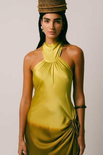 Shop Ituvana Yellow Silk, Georgette Halter Neck Purnama Ombre Dress Online at Aza Fashions Shop_Ituvana_Yellow Silk, Georgette Halter Neck Purnama Ombre Dress _Online_at_Aza_Fashions