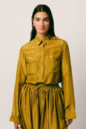 Shop Ituvana Olive Green Silk Collared Neck Cahaya Balloon Pant Set Online at Aza Fashions Shop_Ituvana_Olive Green Silk Collared Neck Cahaya Balloon Pant Set _Online_at_Aza_Fashions